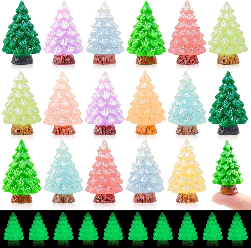 Feivando 24 Pcs Mini Glitter Christmas Tree Figurines Glow in The Dark Xmas Luminous Resin Tree Miniature for Holiday DIY Crafts Garden Micro Landscape Party Home Tabletop Decoration - Image 1